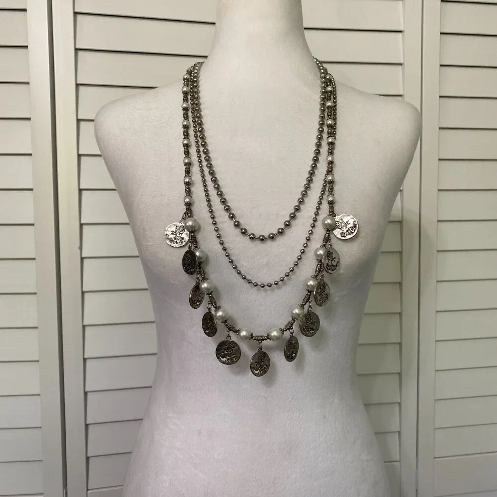 Vintage 70s Statement Necklace with Silver Toned & Faux Pearl Beads 34" #391 - Picture 2 of 5